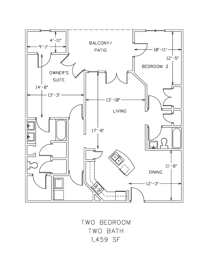 Floor plan for 2 beds, 2 baths, 1447 sqft